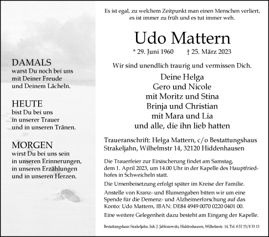 Traueranzeige von Udo Mattern von Westfalen-Blatt