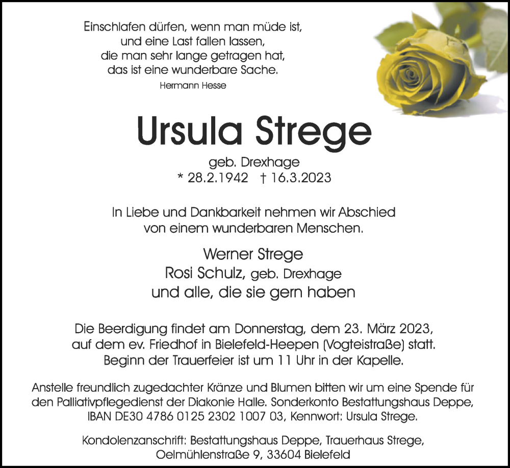  Traueranzeige für Ursula Strege vom 18.03.2023 aus Westfalen-Blatt