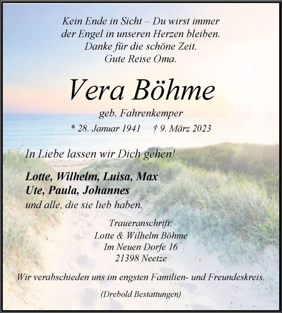  Traueranzeige für Vera Böhme vom 18.03.2023 aus Westfalen-Blatt