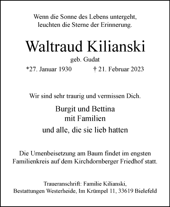 Traueranzeige von Waltraud Kilianski von Westfalen-Blatt