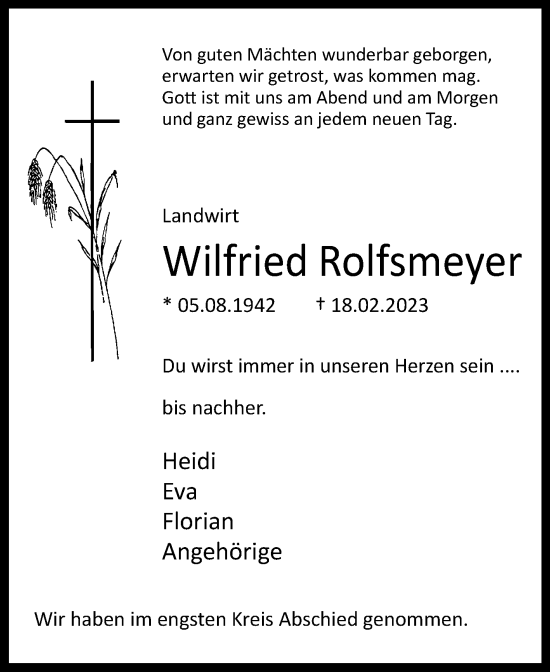 Traueranzeige von Wilfried Rolfsmeyer von Westfalen-Blatt