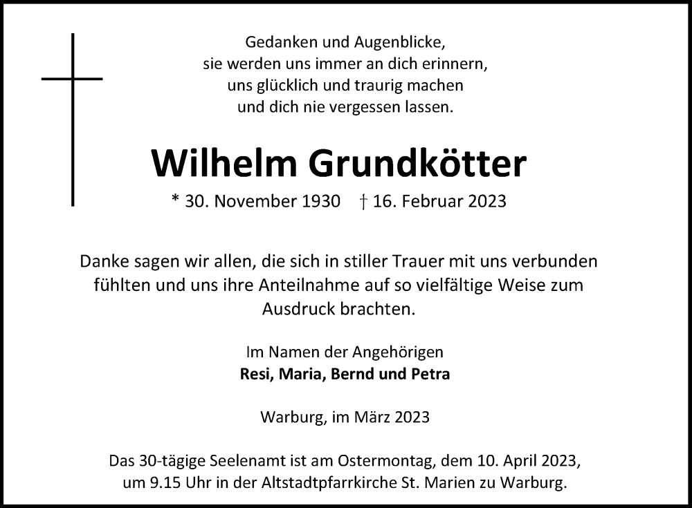  Traueranzeige für Wilhelm Grundkötter vom 25.03.2023 aus Westfalen-Blatt