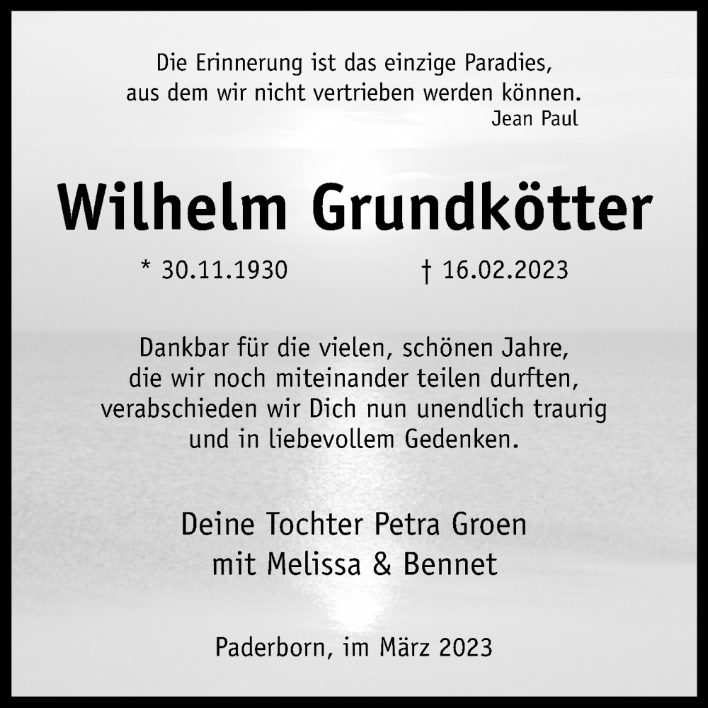  Traueranzeige für Wilhelm Grundkötter vom 04.03.2023 aus Westfalen-Blatt