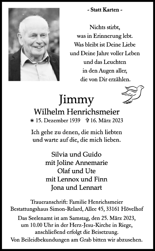  Traueranzeige für Jimmy Wilhelm Henrichsmeier vom 18.03.2023 aus Westfalen-Blatt