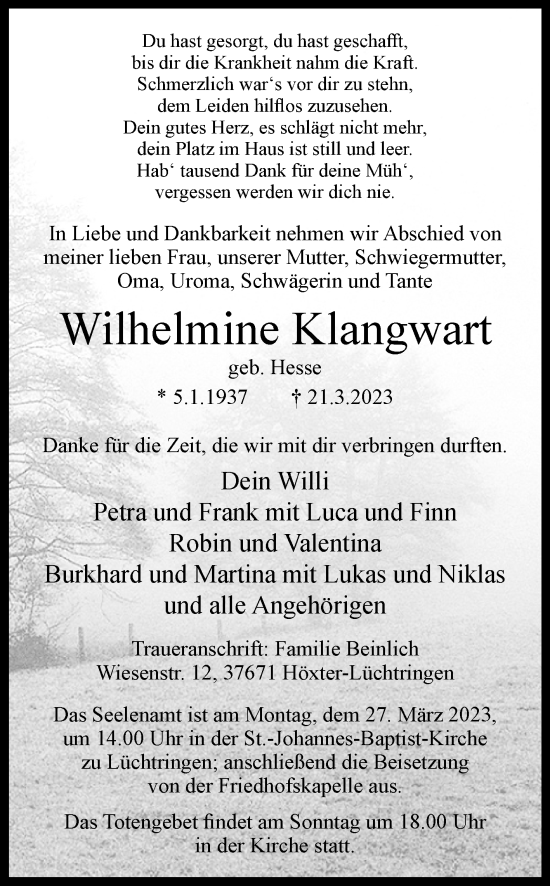 Traueranzeige von Wilhelmine Klangwart von Westfalen-Blatt