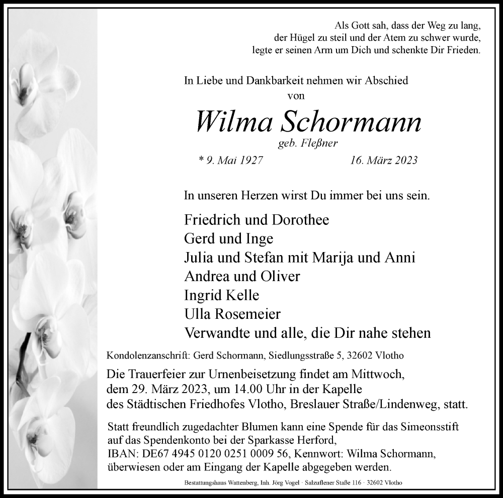  Traueranzeige für Wilma Schormann vom 25.03.2023 aus Westfalen-Blatt