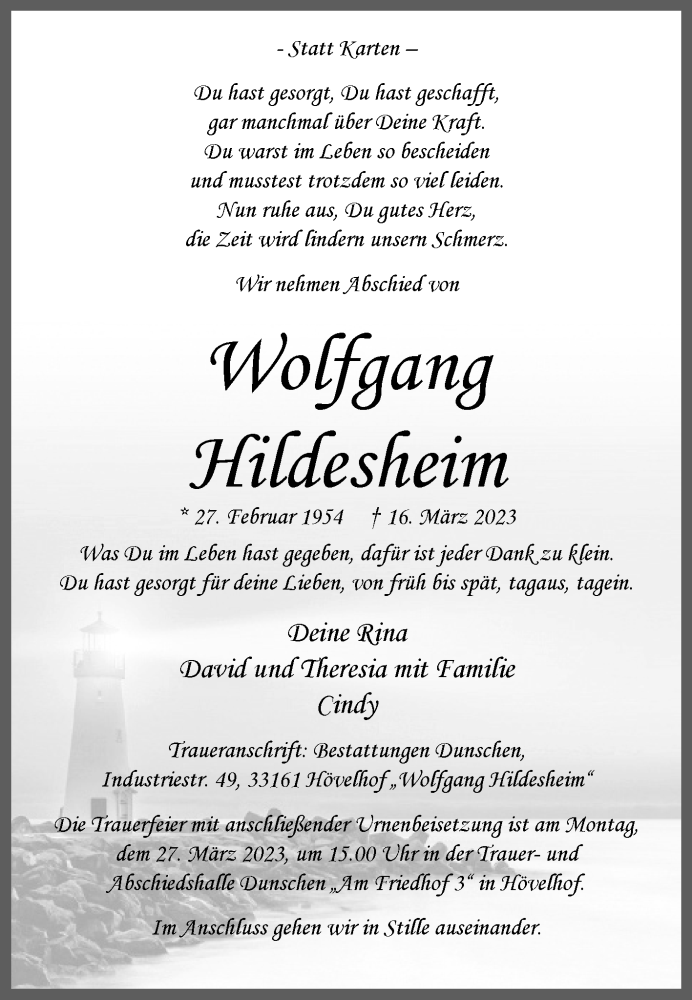  Traueranzeige für Wolfgang Hildesheim vom 22.03.2023 aus Westfalen-Blatt