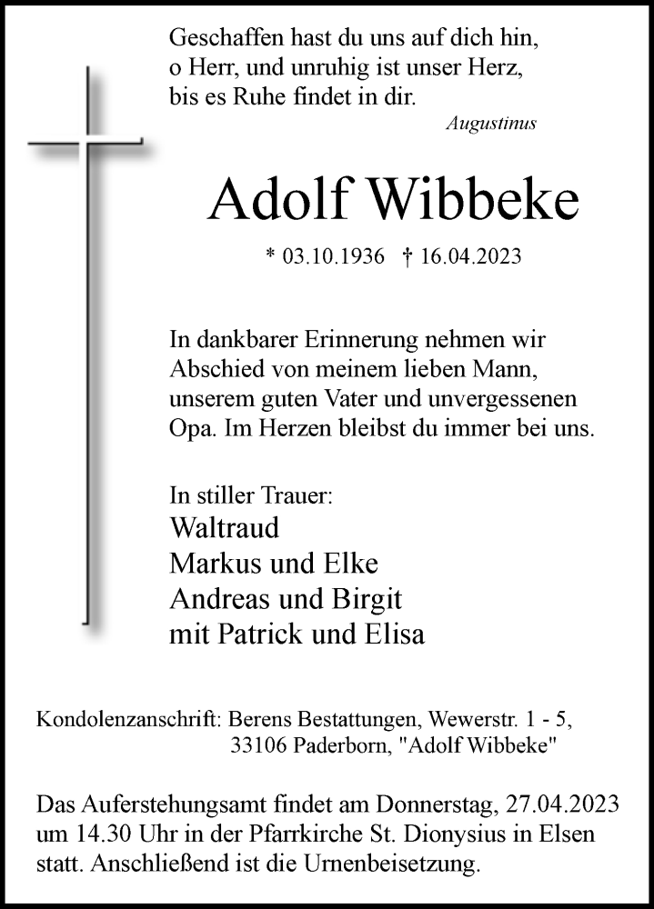  Traueranzeige für Adolf Wibbeke vom 22.04.2023 aus Westfalen-Blatt