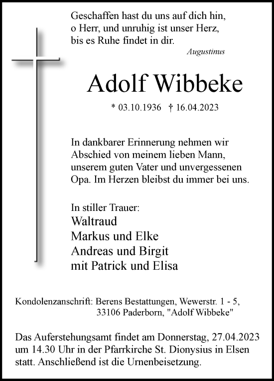 Traueranzeige von Adolf Wibbeke von Westfalen-Blatt