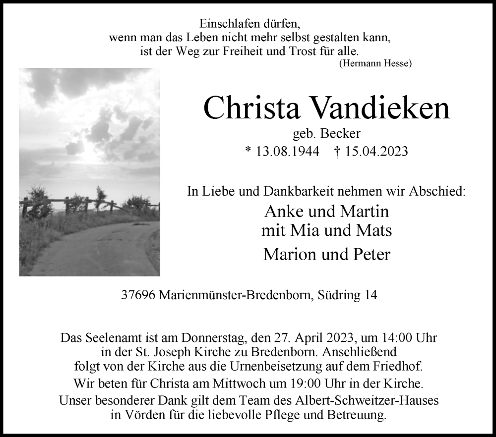  Traueranzeige für Christa Vandieken vom 22.04.2023 aus Westfalen-Blatt