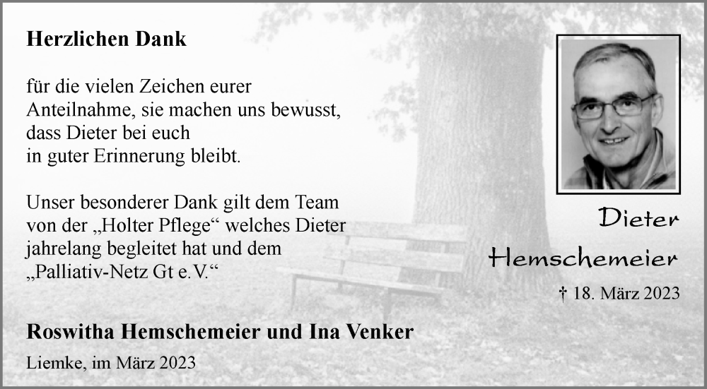  Traueranzeige für Dieter Hemschemeier vom 15.04.2023 aus Westfalen-Blatt