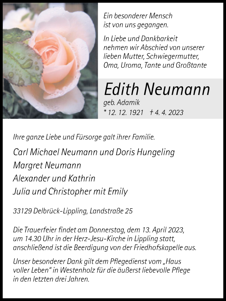  Traueranzeige für Edith Neumann vom 07.04.2023 aus Westfalen-Blatt