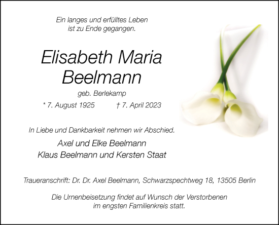 Traueranzeige von Elisabeth Maria Beelmann von Westfalen-Blatt