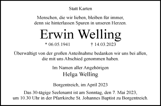 Traueranzeige von Erwin Welling von Westfalen-Blatt