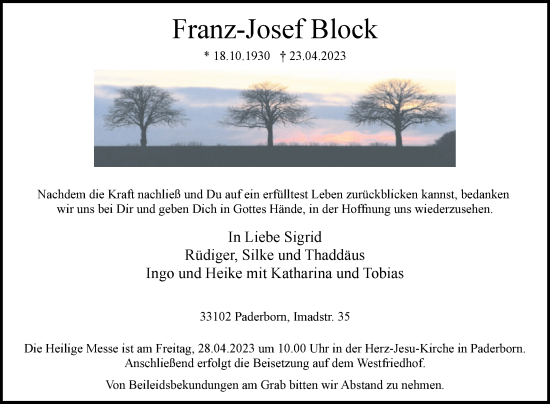 Traueranzeige von Franz-Josef Block von Westfalen-Blatt