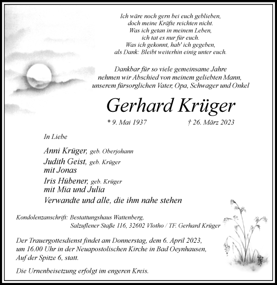 Traueranzeige von Gerhard Krüger von Westfalen-Blatt