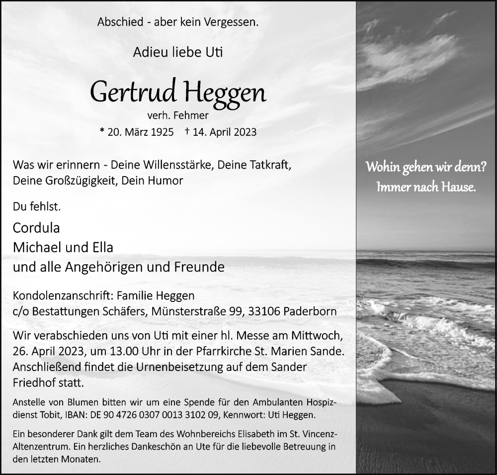  Traueranzeige für Gertrud Heggen vom 22.04.2023 aus Westfalen-Blatt