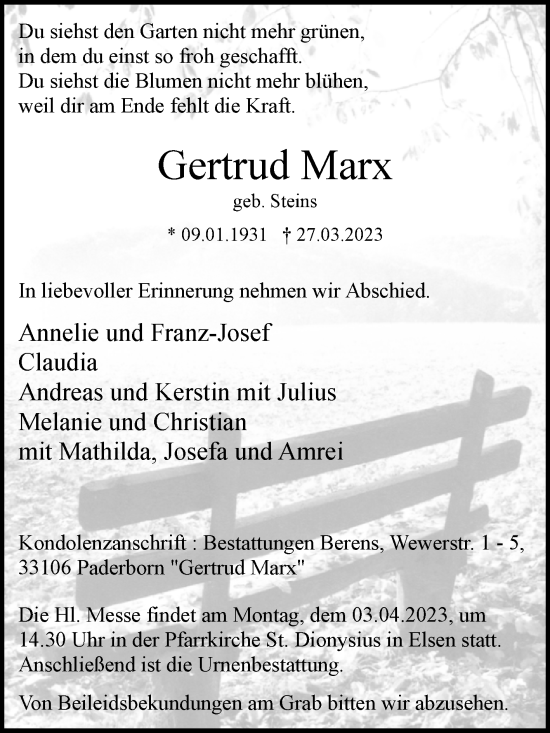 Traueranzeige von Gertrud Marx von Westfalen-Blatt