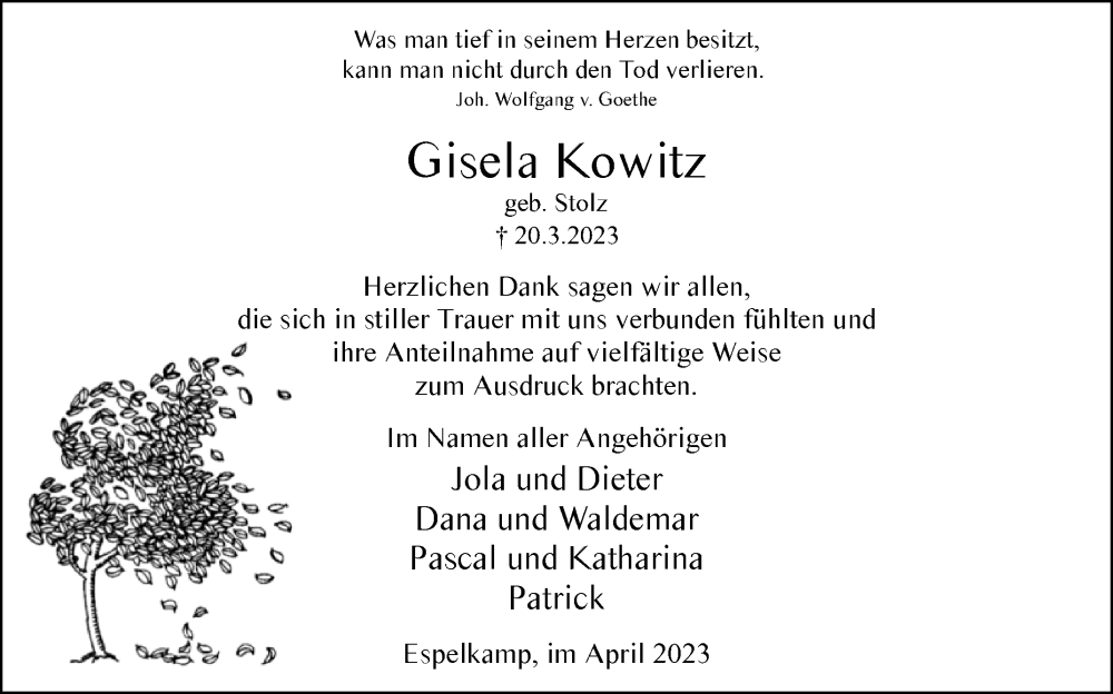  Traueranzeige für Gisela Kowitz vom 22.04.2023 aus Westfalen-Blatt