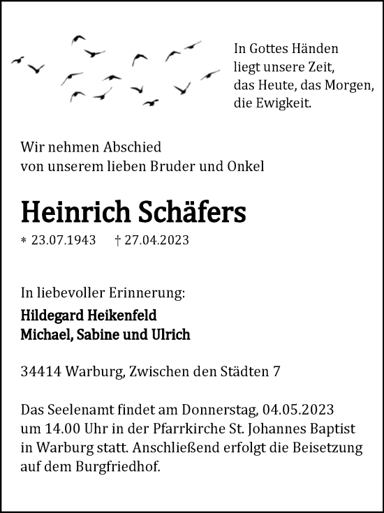 Traueranzeige von Heinrich Schäfers von Westfalen-Blatt