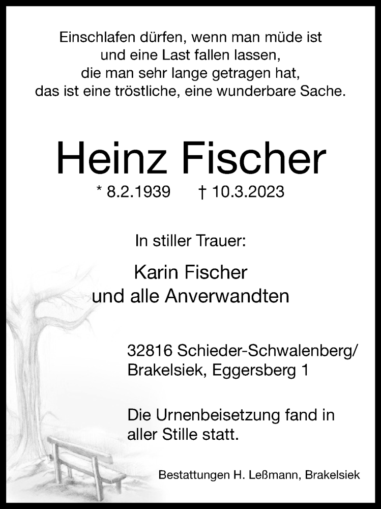  Traueranzeige für Heinz Fischer vom 01.04.2023 aus Westfalen-Blatt