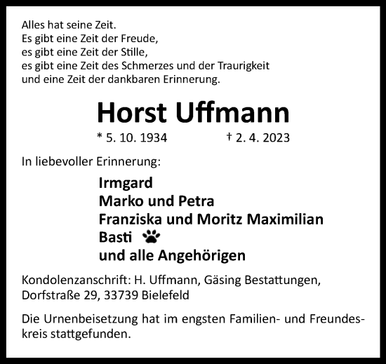 Traueranzeige von Horst Uffmann von Westfalen-Blatt