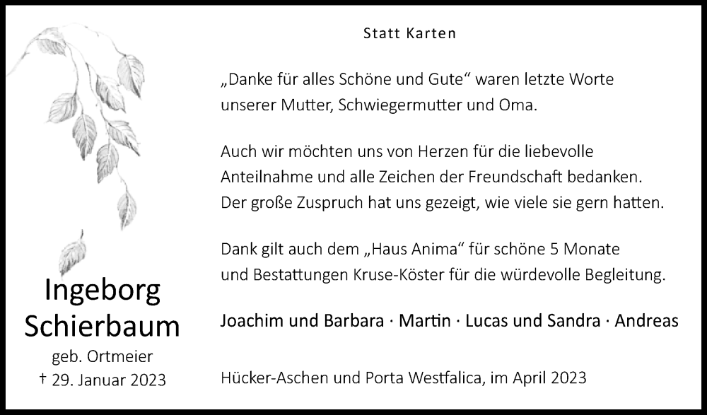  Traueranzeige für Ingeborg Schierbaum vom 15.04.2023 aus Westfalen-Blatt