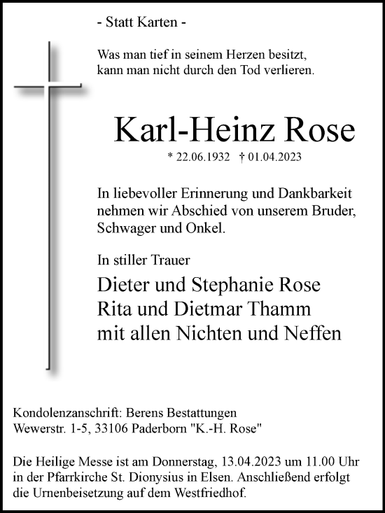 Traueranzeige von Karl-Heinz Rose von Westfalen-Blatt