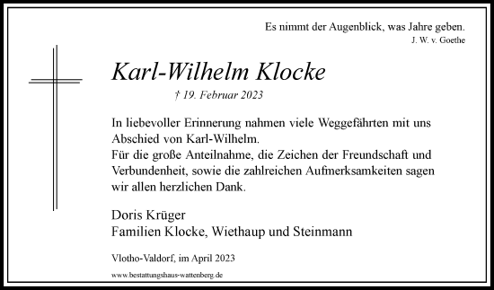 Traueranzeige von Karl-Wilhelm Klocke von Westfalen-Blatt
