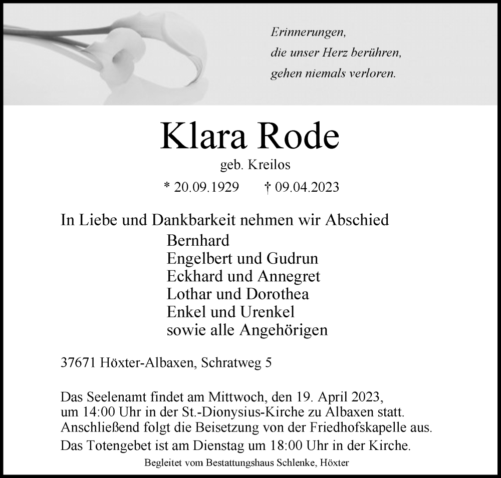  Traueranzeige für Klara Rode vom 15.04.2023 aus Westfalen-Blatt