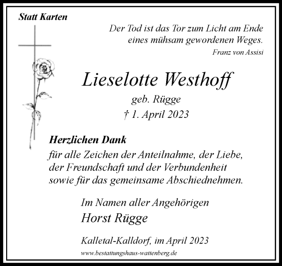 Traueranzeige von Lieselotte Westhoff von Westfalen-Blatt