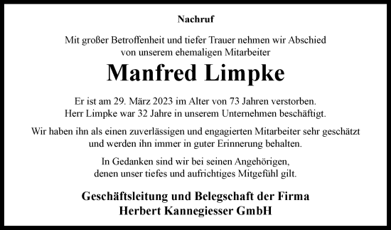 Traueranzeige von Manfred Limpke von Westfalen-Blatt