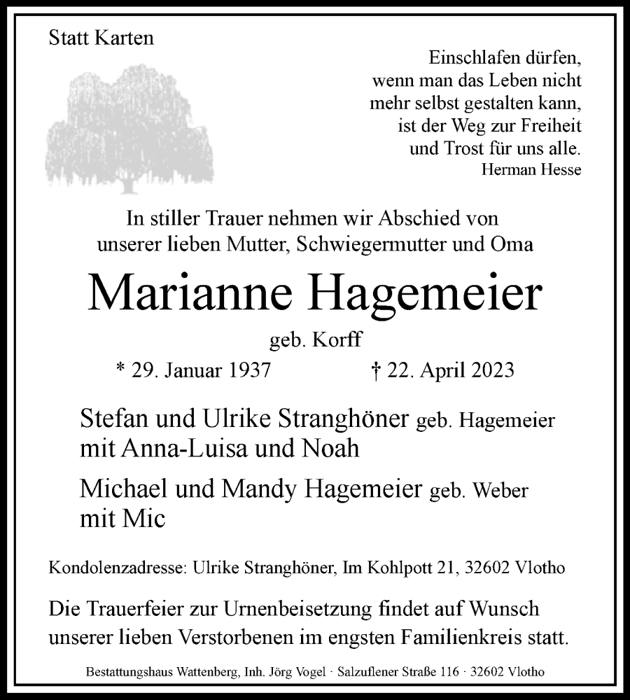  Traueranzeige für Marianne Hagemeier vom 29.04.2023 aus Westfalen-Blatt