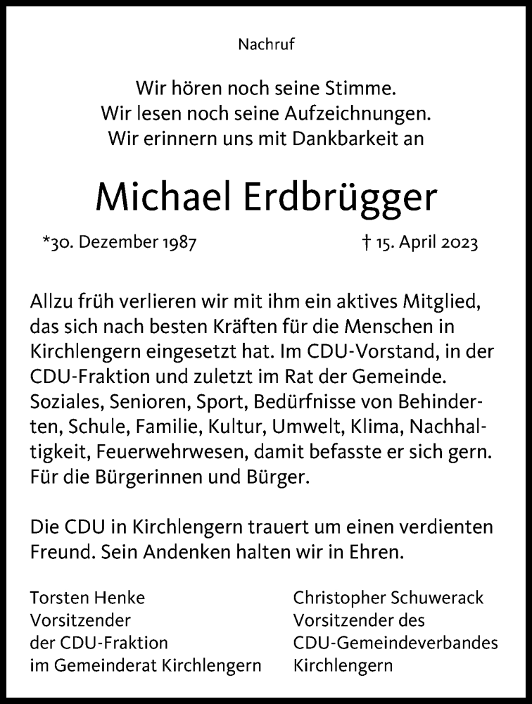  Traueranzeige für Michael Erdbrügger vom 25.04.2023 aus Westfalen-Blatt