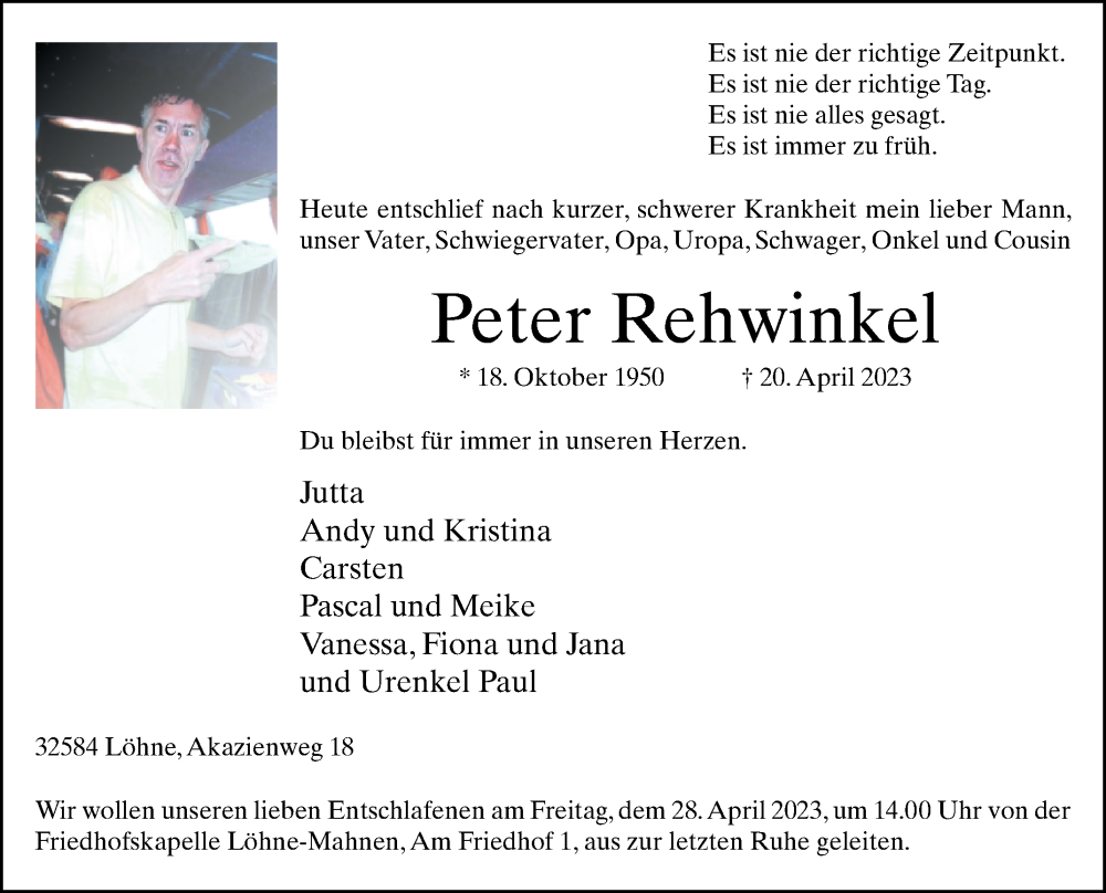  Traueranzeige für Peter Rehwinkel vom 22.04.2023 aus Westfalen-Blatt
