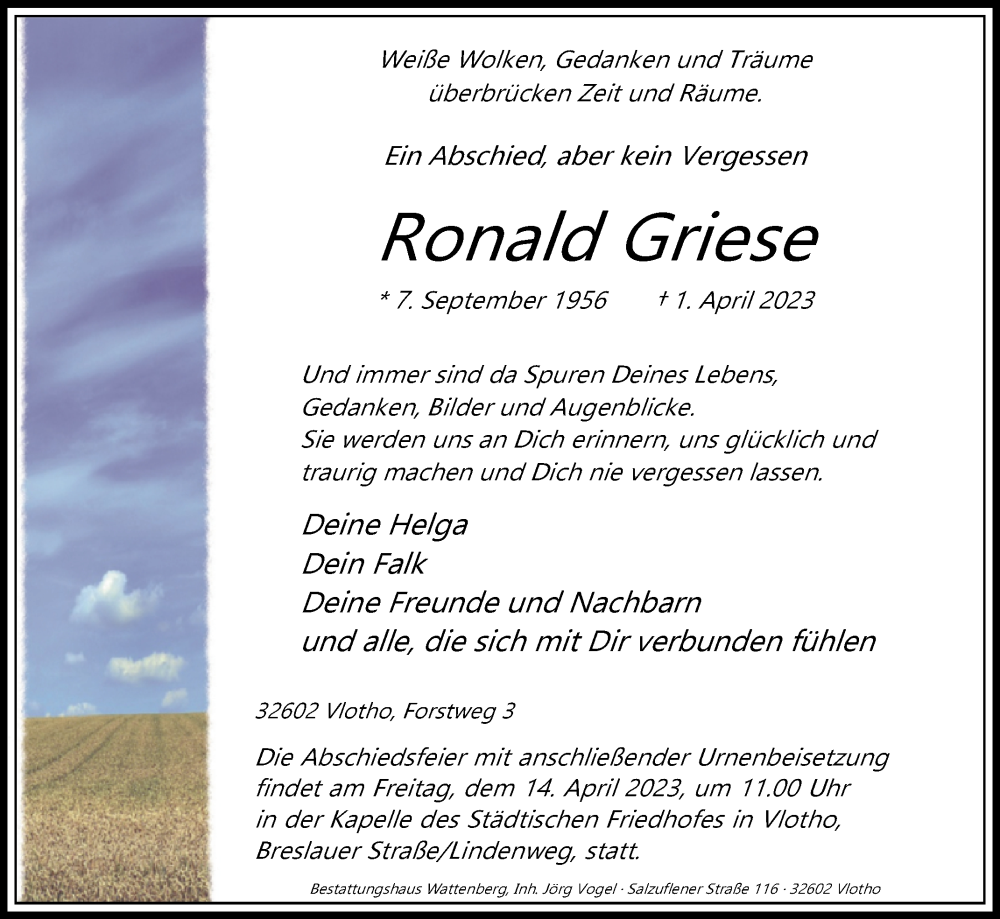  Traueranzeige für Ronald Griese vom 07.04.2023 aus Westfalen-Blatt