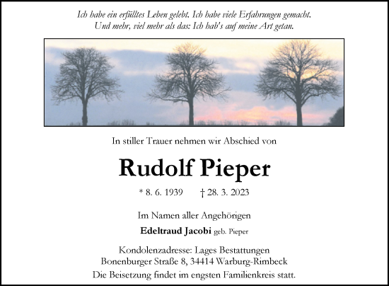 Traueranzeige von Rudolf Pieper von Westfalen-Blatt