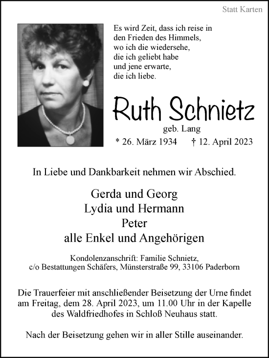Traueranzeige von Ruth Schnietz