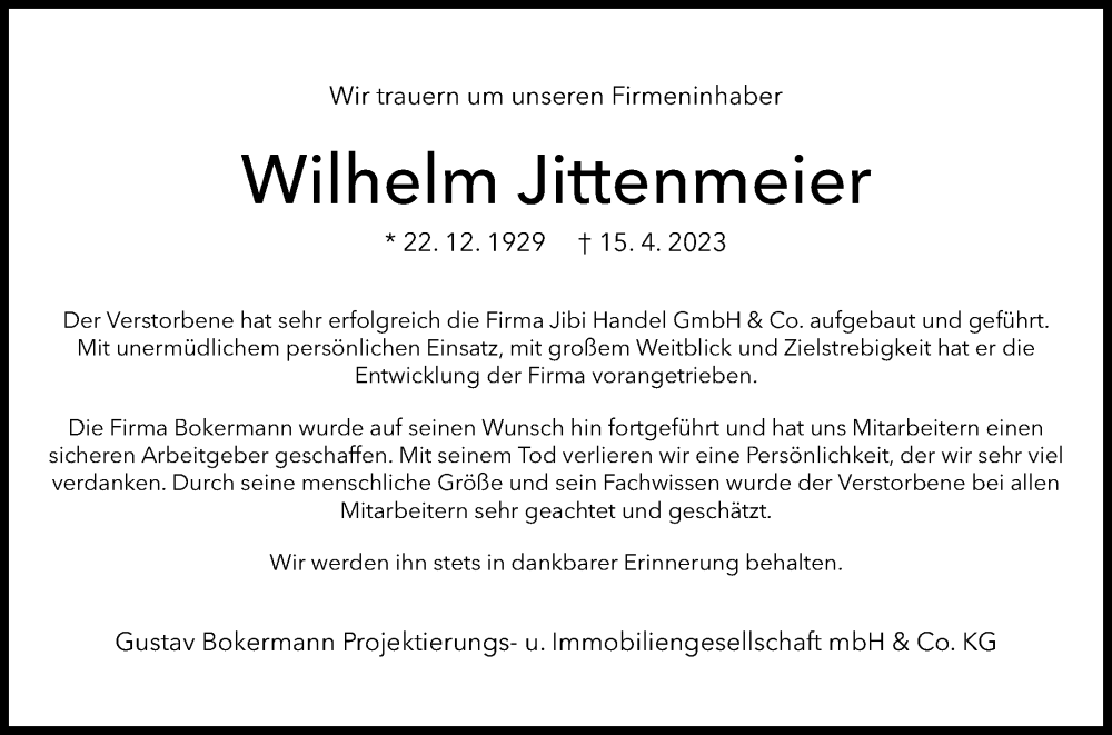  Traueranzeige für Wilhelm Jittenmeier vom 22.04.2023 aus Westfalen-Blatt