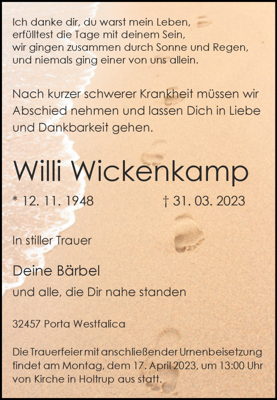 Traueranzeige von Willi Wickenkamp von Westfalen-Blatt