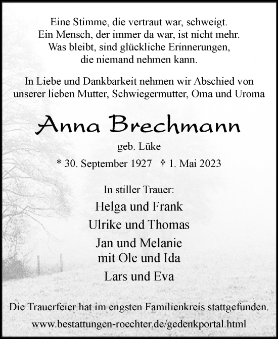 Traueranzeige von Anna Brechmann von Westfalen-Blatt