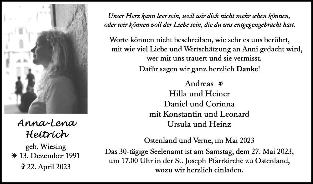  Traueranzeige für Anna-Lena Heitrich vom 24.05.2023 aus Westfalen-Blatt