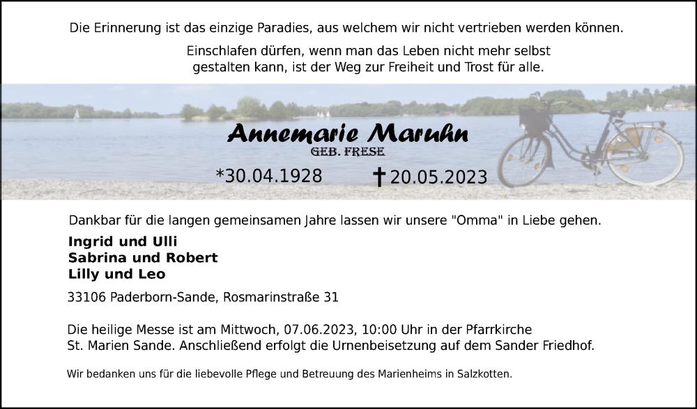  Traueranzeige für Annemarie Maruhn vom 27.05.2023 aus Westfalen-Blatt