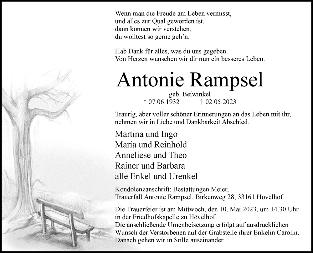  Traueranzeige für Antonie Rampsel vom 06.05.2023 aus Westfalen-Blatt