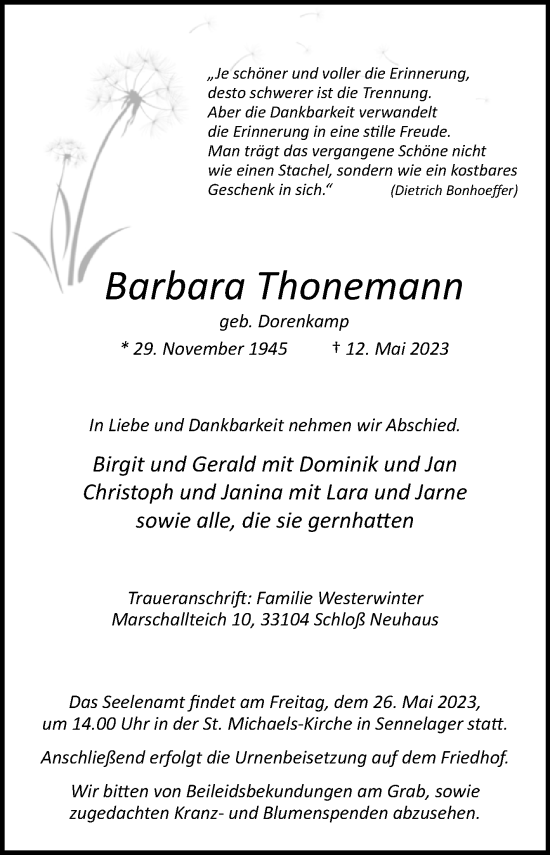 Traueranzeige von Barbara Thonemann von Westfalen-Blatt