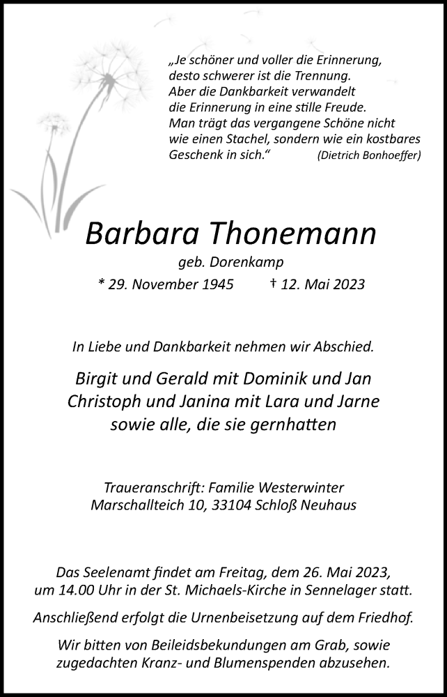  Traueranzeige für Barbara Thonemann vom 20.05.2023 aus Westfalen-Blatt