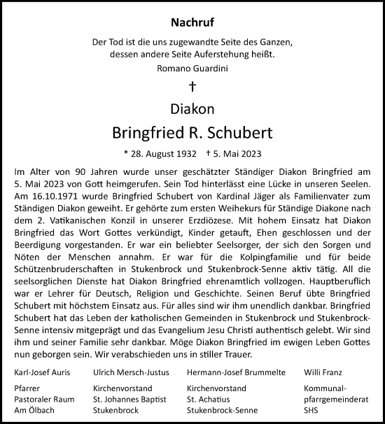 Traueranzeige von Bringfried R. Schubert von Westfalen-Blatt