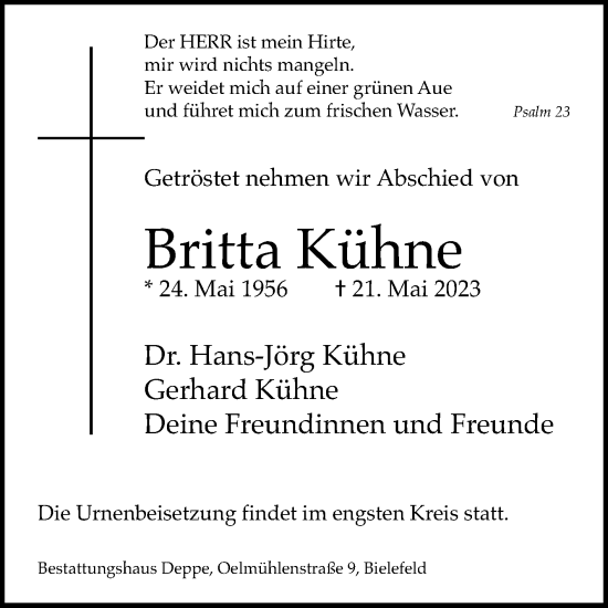 Traueranzeige von Britta Kühne von Westfalen-Blatt