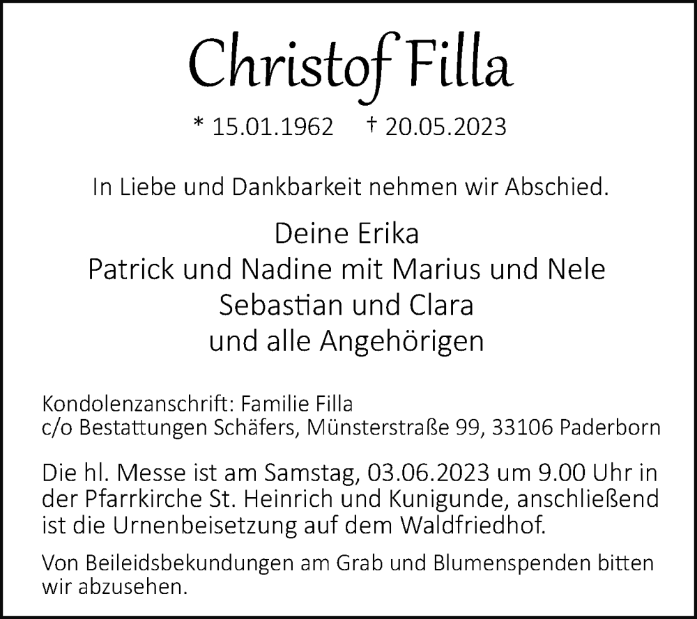  Traueranzeige für Christof Filla vom 27.05.2023 aus Westfalen-Blatt