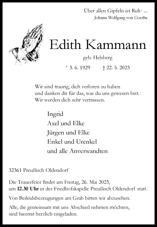 Traueranzeige von Edith Kammann von Westfalen-Blatt